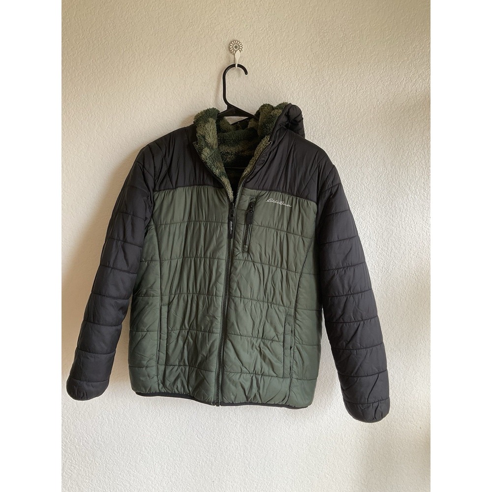 Eddie Bauer Boy's Reversible Hooded Jacket Green/camo Youth Large 14/16